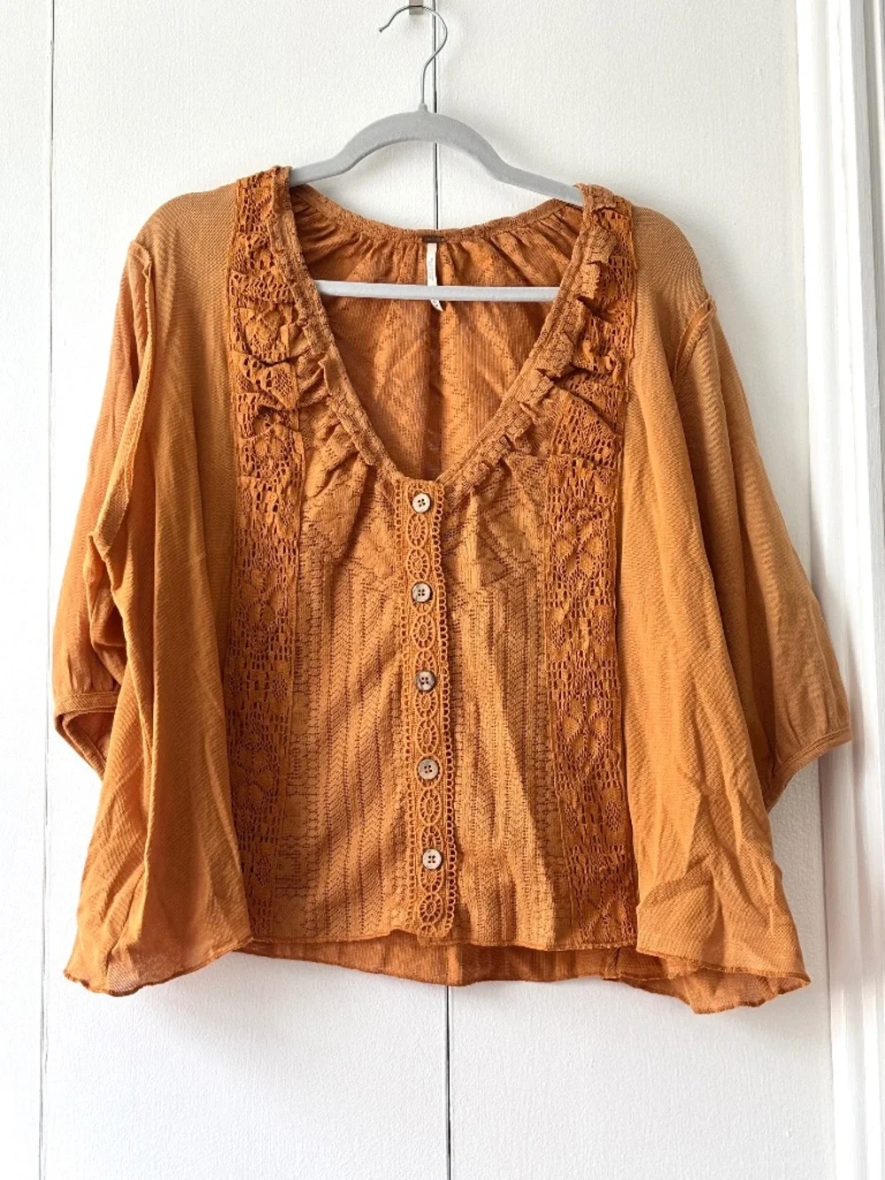 Free People Mae Embroidered Lace Button Down Top Rust Orange Medium